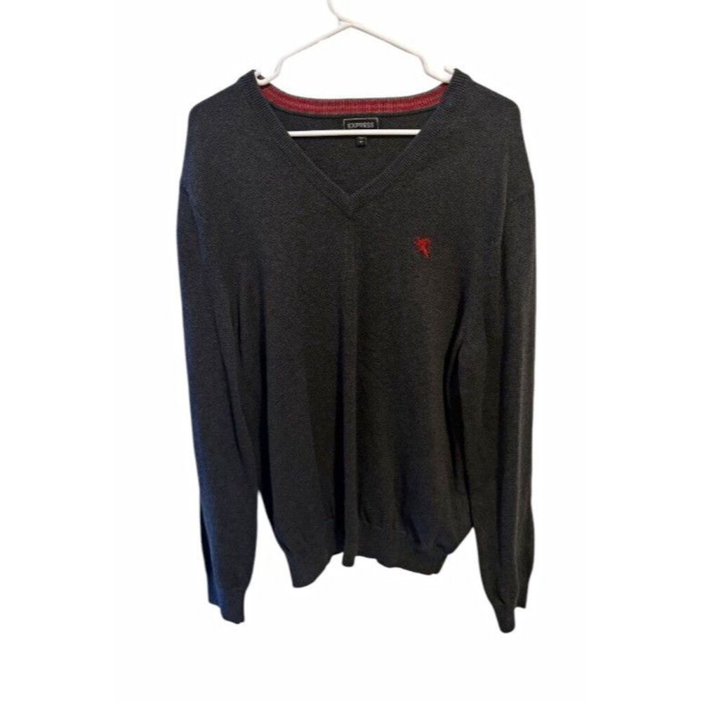 Express Men's L Gray Solid Knit V-Neck Long Sleeve Pullover Sweater Logo